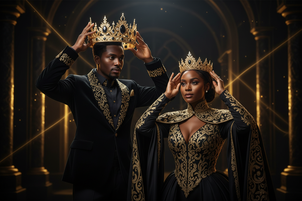 Black man and woman with gold crowns, black and gold theme